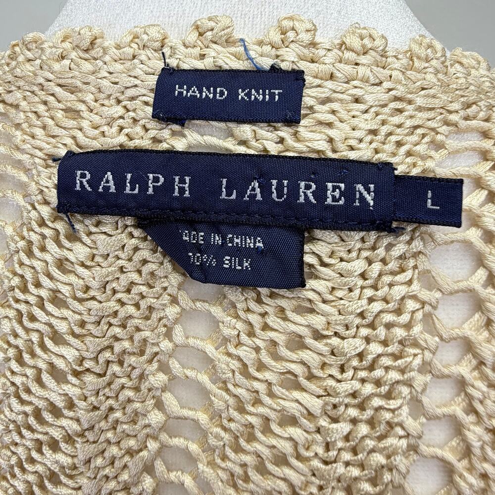 RALPH LAUREN Silk Crochet Cardigan Open Front Beige Womens L Cottagecore Boho - Picture 4 of 8
